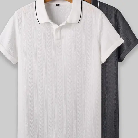 Men's Solid Color Plain Jacquard Knits Fabric Polo Shirt, Regular Fit Casual Breathable Short Sleeve Collared Top for Summer, Fashion Men's Clothes for Daily Wear, Menswear