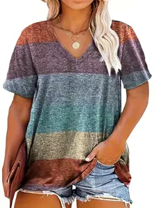 Plus Size Colorful Patchwork Print V Neck Tee, Plus Casual Short Sleeve T-Shirt for Summer, Summer Outfits 2024, Women's Plus Clothing for Daily Wear
