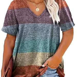 Plus Size Colorful Patchwork Print V Neck Tee, Plus Casual Short Sleeve T-Shirt for Summer, Summer Outfits 2024, Women's Plus Clothing for Daily Wear