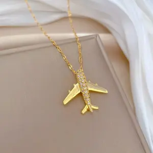 18K gold-plated cute starry sky airplane pendant necklace