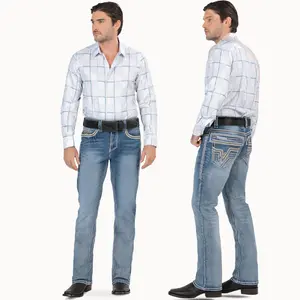 LAMASINI Embroidery Western Boot Cut Jeans Lam26501 LT BLUE Big Stitching Heavy Denim PU Path in Back Pocket - Bottoms, Womenswear