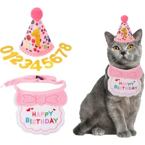 Cat Birthday Party Supplies, Girl Cat Kitten Birthday Bandana Cat Birthday Hat with Numbers Pet Birthday Decorations Outfits for Cat Kitten (Pink)