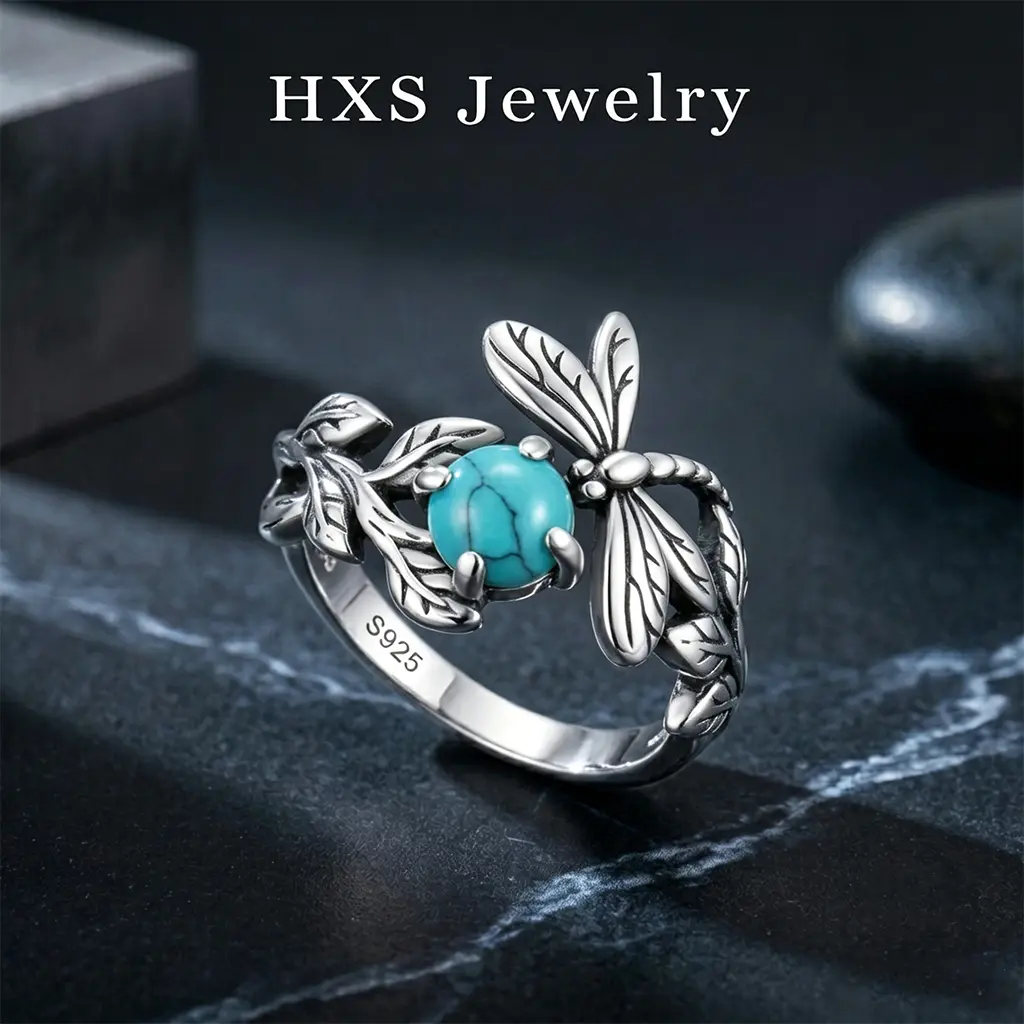 HXS 925 Sterling Silver Dragonfly Ring with Turquoise, Timeless Boho Jewelry