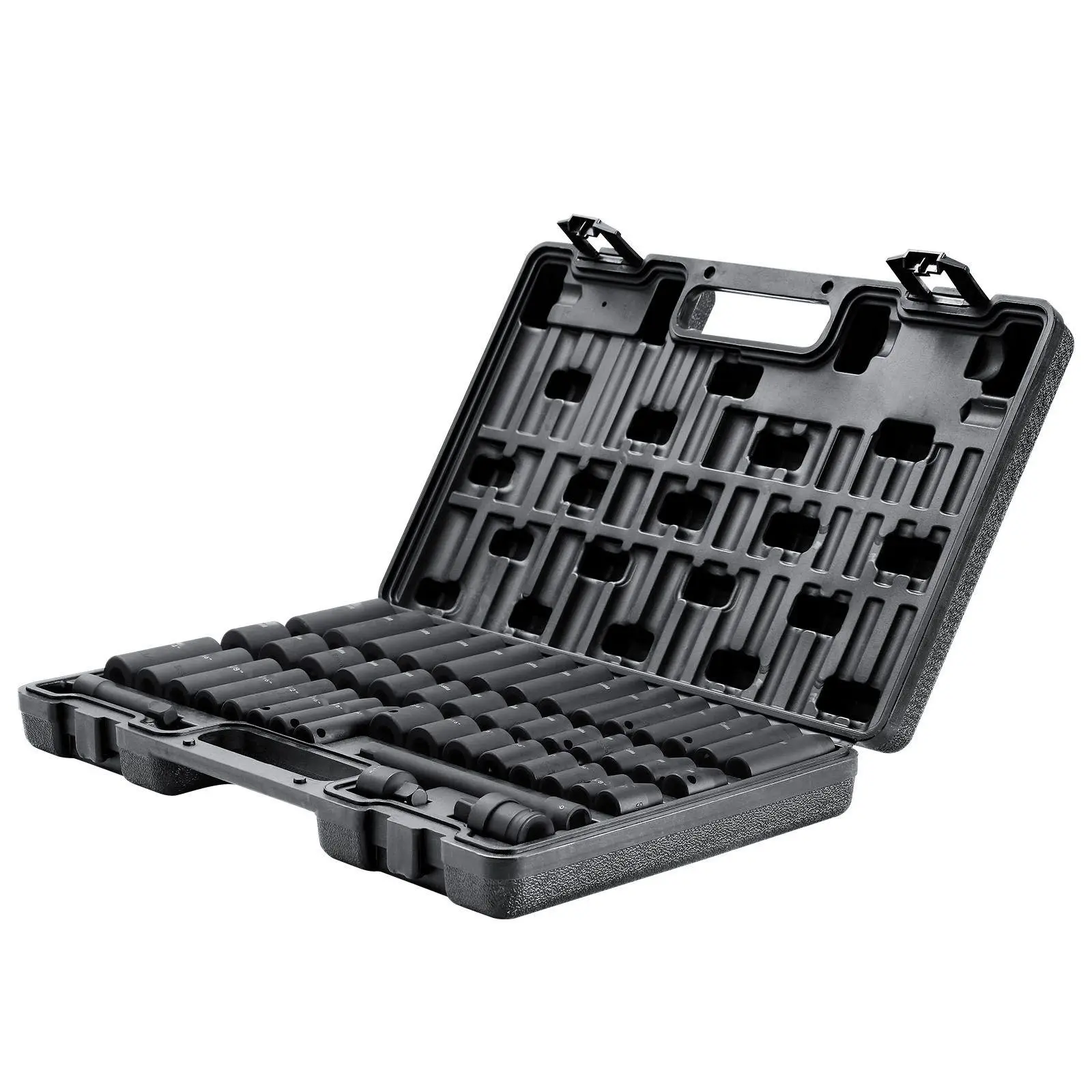 3/8" Drive Impact Socket Set, 48 Piece Socket Set SAE (5/16" -3/4") & Metric (8-22mm)6 Point Cr-V Drive Extension Bar Universal Joint & Power Drill Adapter Includes Storage Case