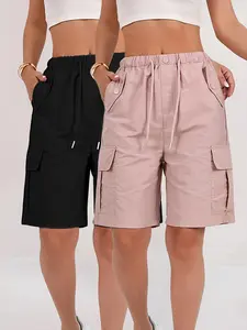 2pcs Women's American Workwear Cargo Shorts - Lightweight Straight-Leg with Multiple Pockets, Adjustable Drawstring Waist, Machine Washable Casual Mid-Thigh Length for Spring Summer Fall, Everyday Comfort, Functional Design, Durable Fabric