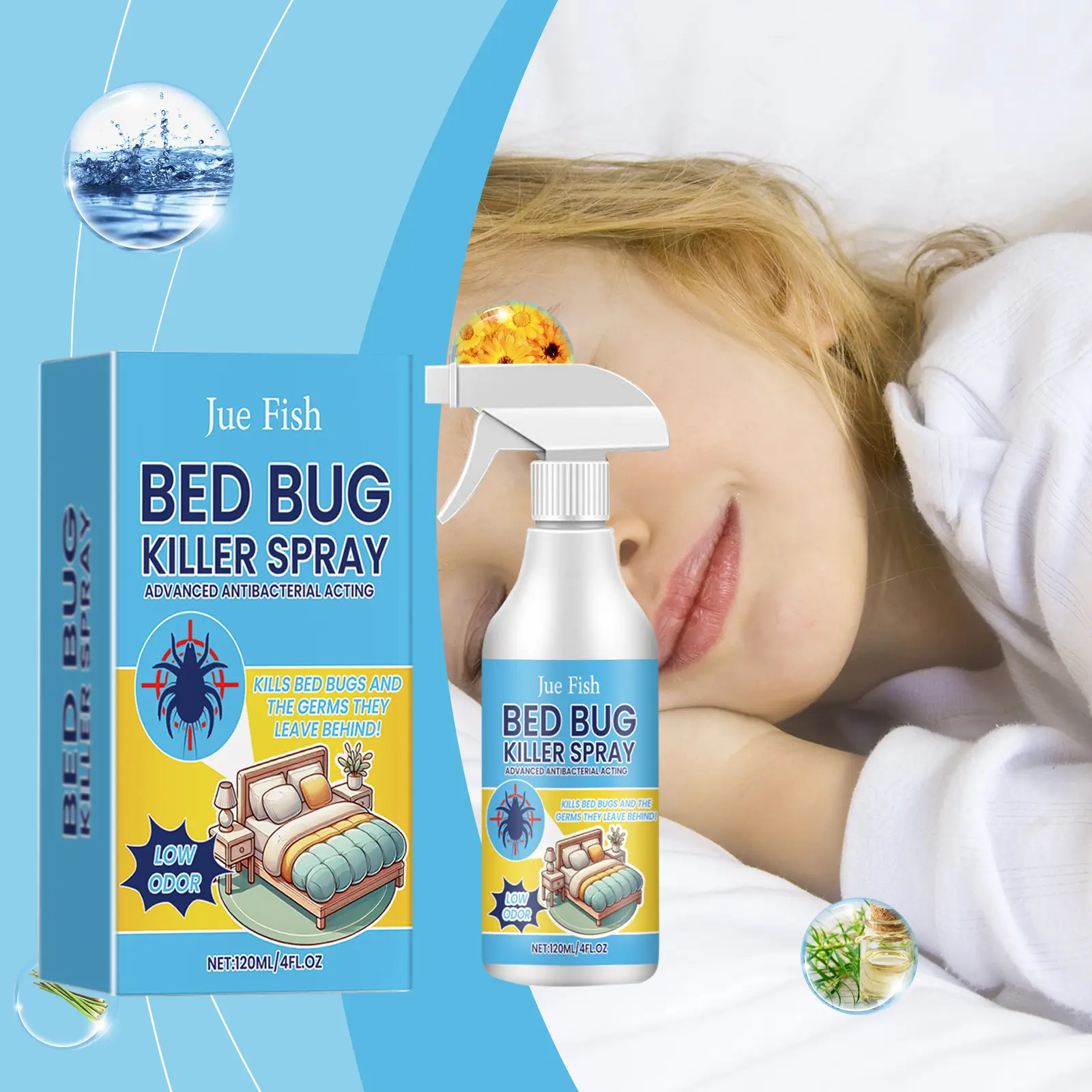 Jue-Fish Bed Bug Killer Spray - Indoor Bugs Repellent, Insect Deterrent with Anti-Dust Mite Formula, Controls Lice, Fresh Scent for Bedroom & Dorm Mattress Use