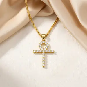 Full CZ Crystal Egyptian Ankh Necklace, Men's Cultural Hip Hop Jewelry