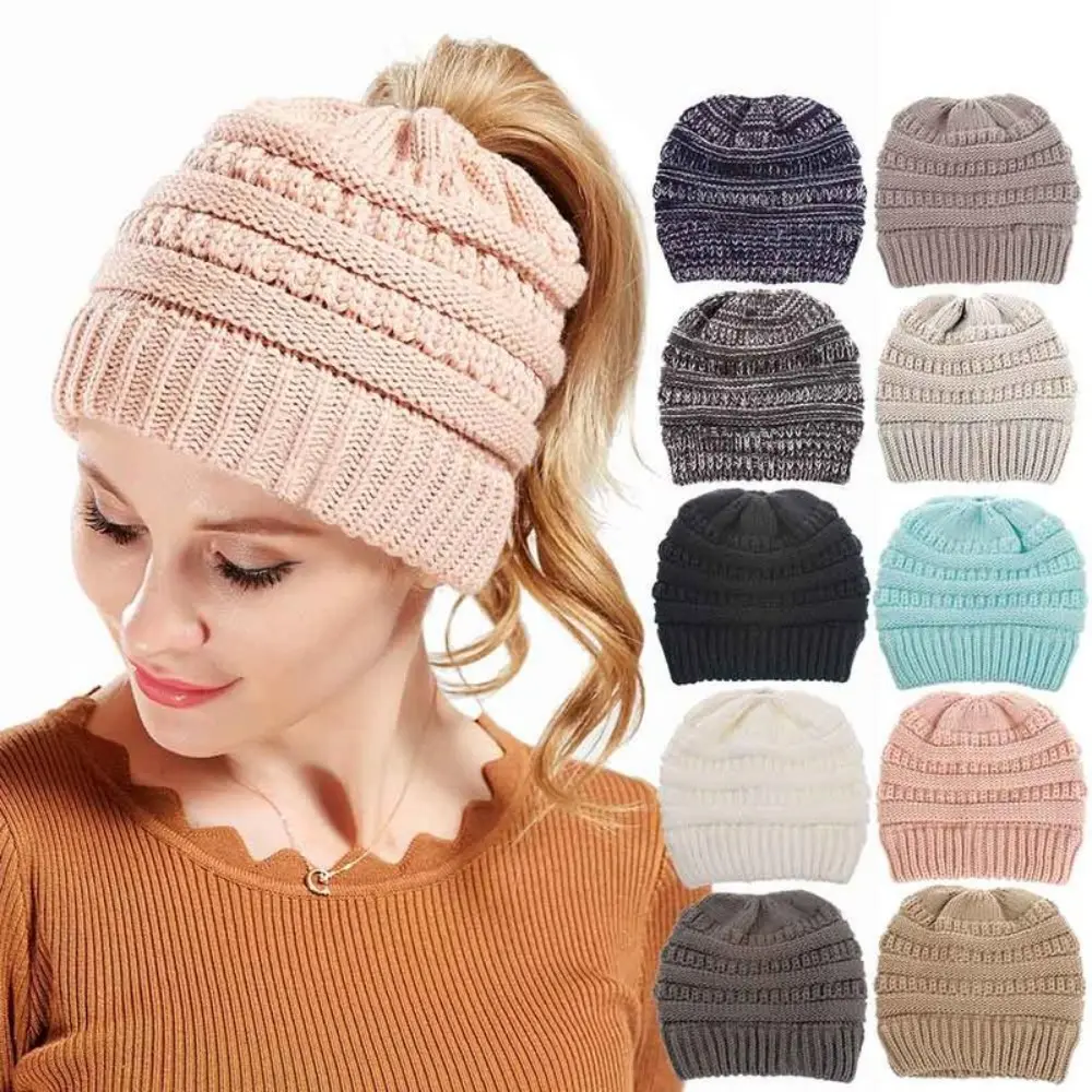 Unisex Winter Knit Cotton Beret with Ponytail Hole & Headbands, Multi-Color Fashion Accessory Hat, Ideal Gift for Moms