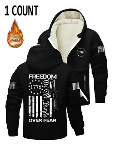 Men's Fleece Lined Zipper Hoodie Jacket, Flag Print Design, Soft Comfortable Fabric, Casual Fashion Outerwear for Fall & Winter Seasons, Graphic Print Hoodie