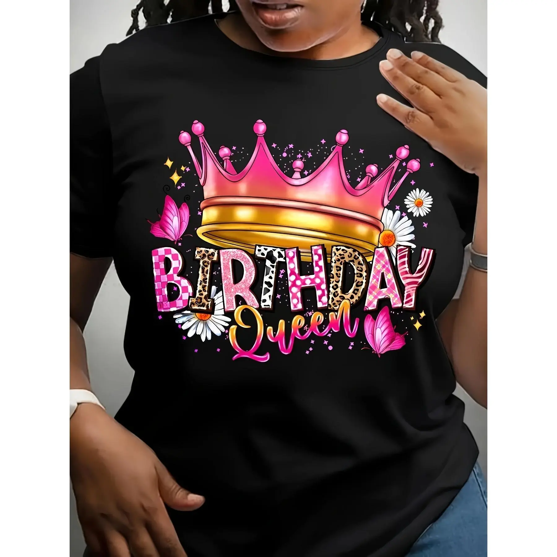 Women's Birthday Queen Cartoon Printed Cotton T-Shirt - Casual Round Neck Top, Polyester-Blend Knit Fabric (180 g/m²), Regular Length, Fit for Spring/Summer, Embroidered, Tshirt