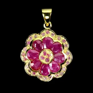 Gold Vermeil Sterling Silver Pear Cut Heated Red Ruby Pendant 3.7g with Gold Frame and Red Ruby Accents