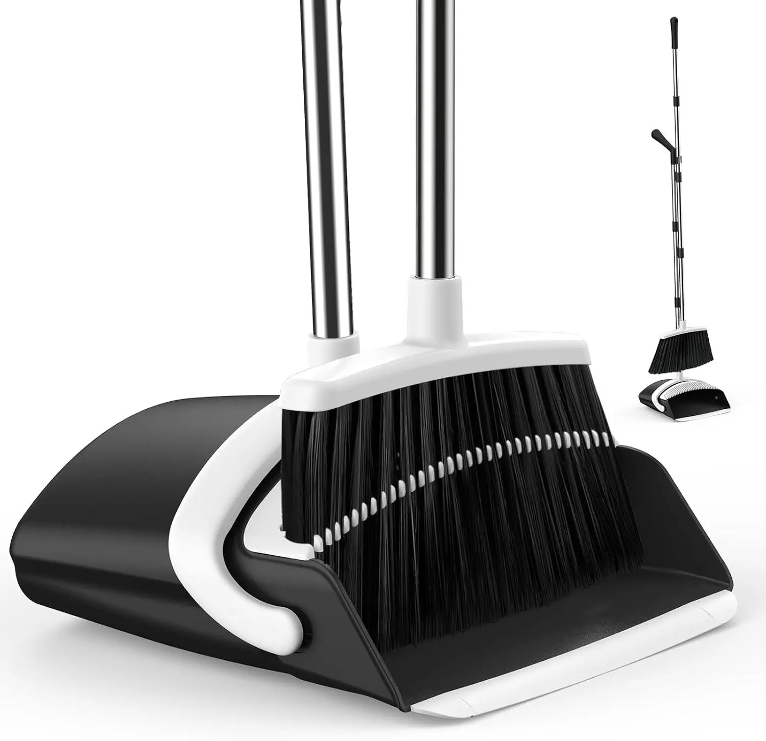 Broom and Dustpan Set for Home, 51-In Long Adjustable Handle Angle Broom and Dustpan Combo Set with Dust Pan Teeth to Clean Hair for Home Kitchen Office Lobby Floor Garden (Black&White) EZKEY