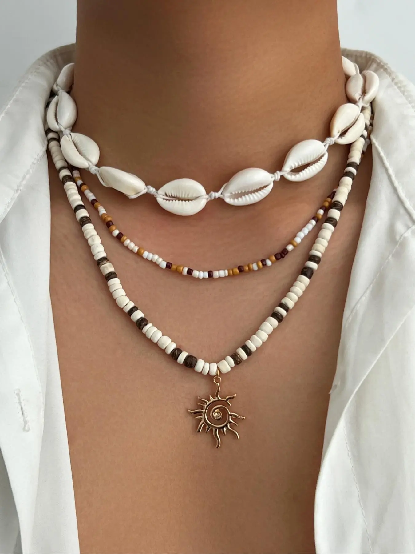 Men's Vintage Bohemian Shell Beaded Necklace Set, Creative Fashion Metal Spiral Sun Pendant Multi-Layered Jewelry for Daily Wear and Beach Vacations, Beach Boho Necklace