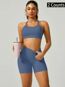 Two-Piece Set Women's Solid Crop Sports Bra & High Waist Shorts Set, Sporty Breathable Comfortable Two-piece for Yoga Gym Workout Running, Ladies Sportswear for Spring