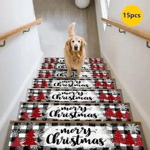15pc Christmas Theme Stair Mats Non-Slip Durable Home Decorative Rugs Holiday Decorations, Checkered Tree Pattern Rug Set
