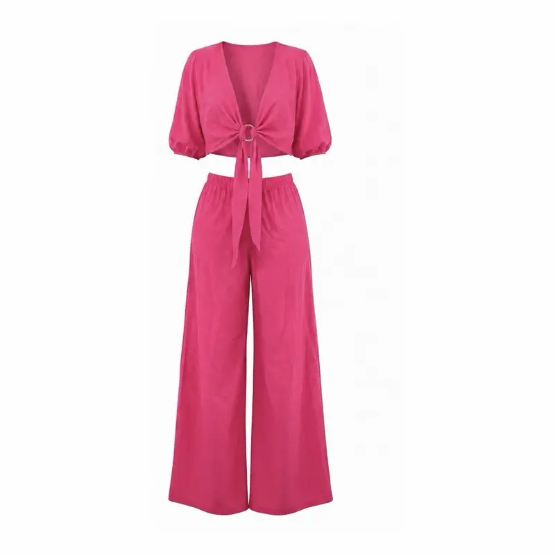 Women’s Fuchsia 2-Piece Vacation Set - Tie-Front Crop Top & Wide-Leg Pants Pink Letter