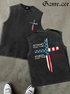 1 PCS Retro Washed Black Sleeveless Tank Top, Front & Back "Stand For The Flag Kneel For The Cross" American Flag Cross Graphic, Patriotic Christian Streetwear Style, 100% Cotton Unisex Vest, Casual & Patriotic Wear, Great Gift for Faith & Patriot Fans