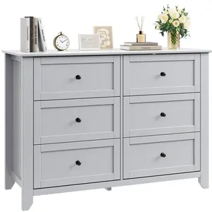 Garvee 6 Drawer Grey Wooden Dresser with Deep Storage Drawers and Metal Knobs, Modern Chest of Drawers Ideal for Bedroom, Entryway, Hallway, and Various Living Spaces