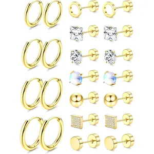 CASSIECA 11 Pairs Flat Back Earrings for Women Men - Hypoallergenic Surgical Stainless Steel Stud Hoop Set Small Cartilage Tragus Piercing Jewelry Ear Gauges