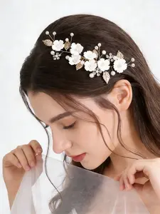 Resin Flower Pearl Rhinestone Hair Comb, Boho Wedding Bridal Bridesmaid Accessory, Elegant Floral Headpiece for Photoshoots