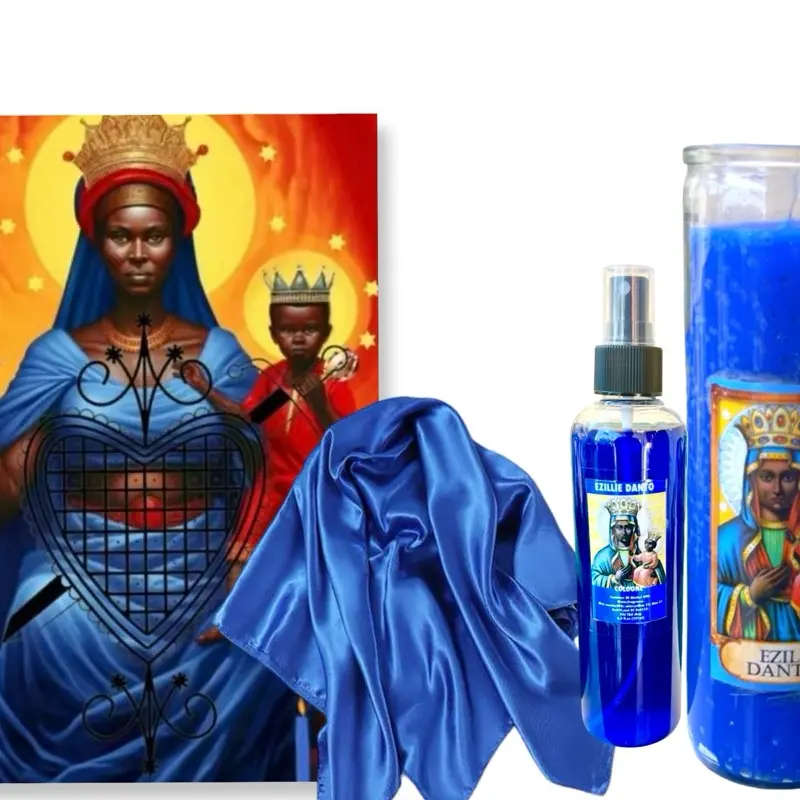 Ezili Dantor" is visible on the spray bottle and the candle set.