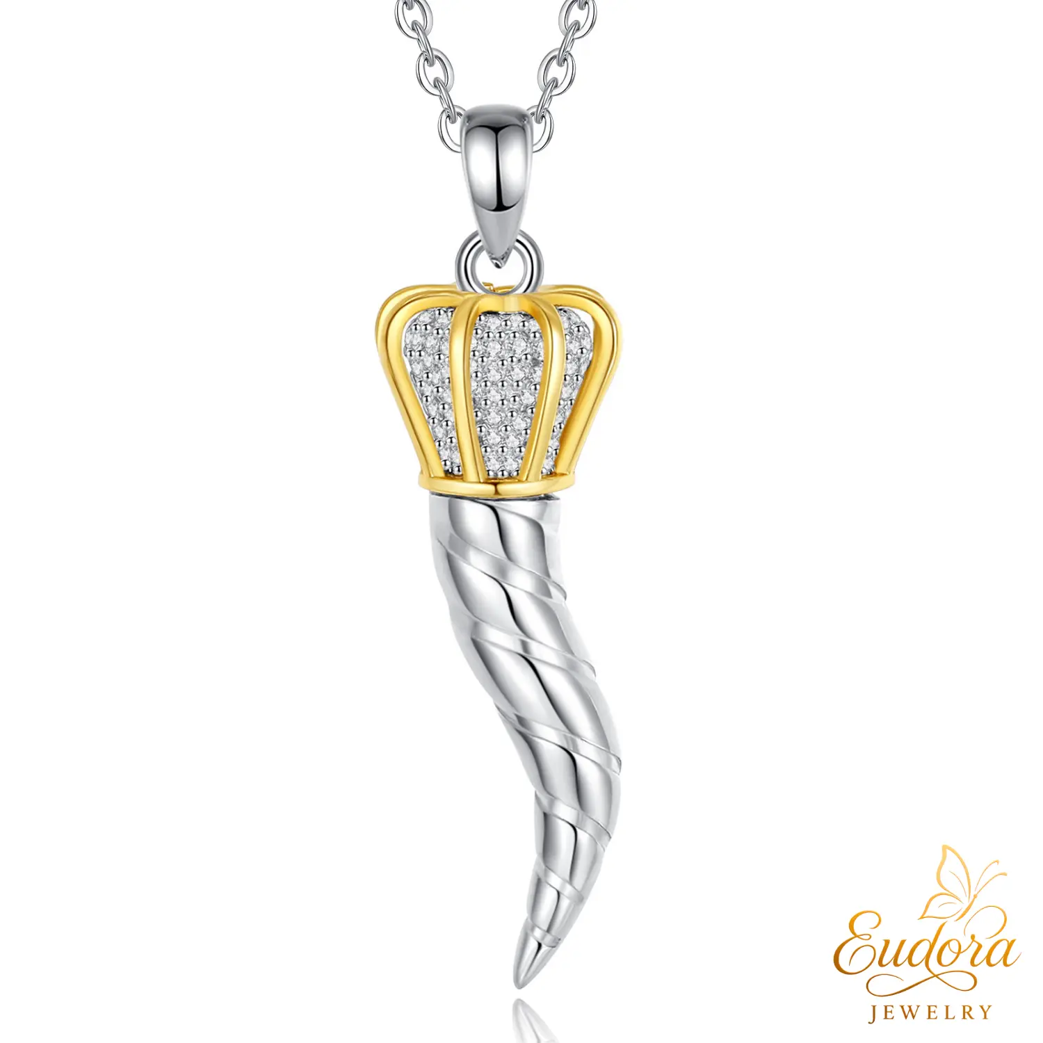 Eudora S925 Sliver Italian Horn Necklace for Men & Women, Gold Plated Cornicello Pendant, Italian Heritage Amulet for Protection from Malocchio, Handmade Jewelry