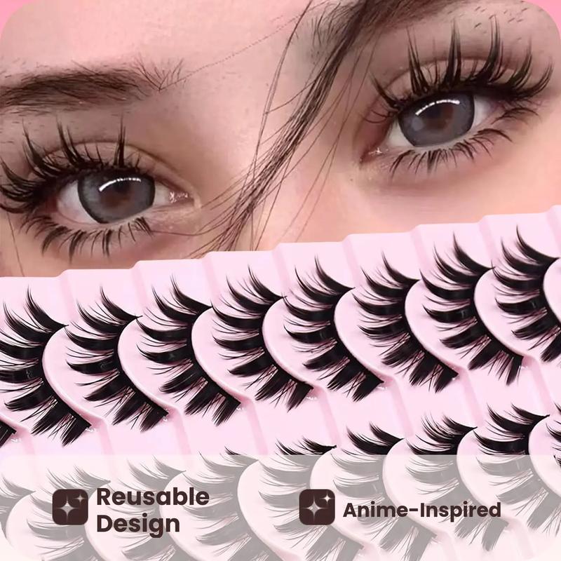 Manga Style Cat Eye Look Volumized False Eyelashes, 10 Pairs Spiky Cluster Lashes, Natural Curl Eye Makeup Strip Lashes, Eyelash Clusters for Women/ Girls Eyelash Extensions for Cosplay & Party, DIY Cluster Lashes