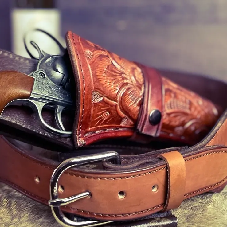 Western Leather Utility Belt and Tooled Holder – Complete Rig & Leg Tie for Festival & Cosplay Accessory, Cowboy Wear, Handmade Quality Cowhide -