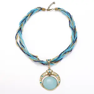 Boho Beaded Necklace with Cubic Zirconia Pendant, Handwoven Statement Jewelry, Stylish Women’s Accessory for Casual & Gift,summervibes