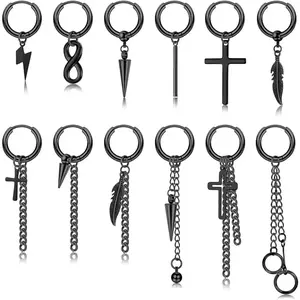 Chain hanging ring earrings for men and women, stainless steel hinge cross feather long chain hanging ring earrings, once a day