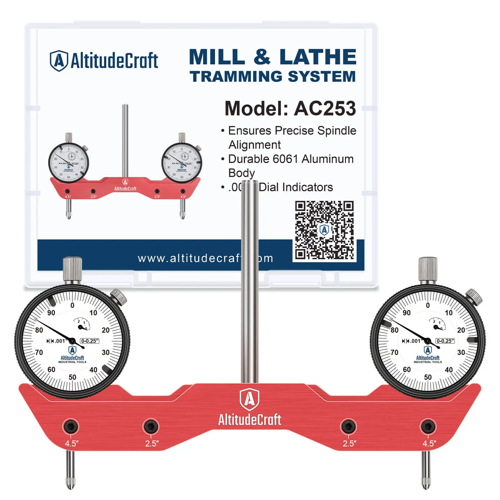 AltitudeCraft Mill and Lathe Tramming Tool - CNC Calibration Gauge with 0.001" Resolution Dual Dial Indicators, 1/4in Shank, Anodized Aluminum, Universal Fit, Fast Setup, for Desktop CNCs, Hobby Machines, First-Time Users, Manufacturer Warranty