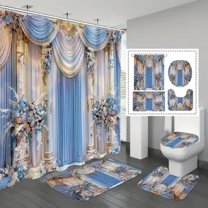 1pc/3pc/4pcs Curtain Pattern Set Shower Curtain Set, Waterproof Shower Curtain with 12 Hooks, Non-Slip Bathroom Rug, Toilet U-Shaped Mat, Toilet Lid Mat, Bathroom Decoration, Bathroom Shower Curtain Set, Bathroom Accessories (Open )