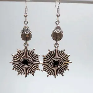 Smokey Quartz Evil Eye Earrings with Sunburst Design and Eye Motif - Jewelry Accessory