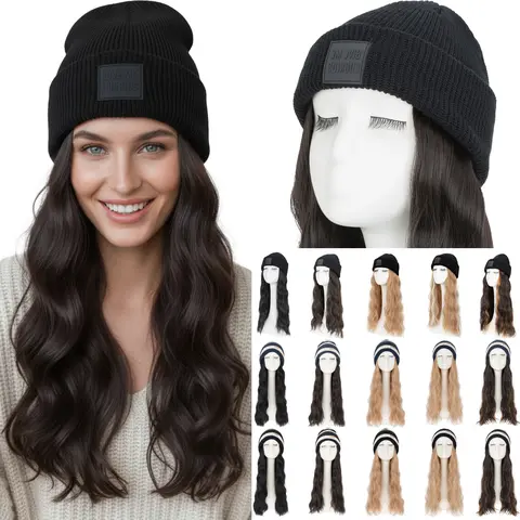Beanie Wig Hat Hair Extensions 18“ Wave Curly Hair & 11“ Straight Hair With Knitted Cap Hair Synthetic Wig with Knitted Autumn & Winter Hat Easy Wear Cap with Hair for Women