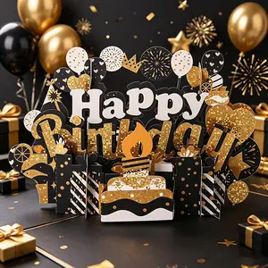 Black Gold 3D Pop Up Birthday Card, Luxury Happy Birthday Greeting Card with Envelope, Premium Glitter Cake & Balloon Design, Perfect for Men, Women, Friends & Family