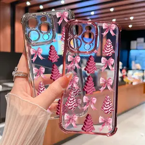 Pink Christmas Bows & Trees Phone case for iPhone 17 Air 16 Pro Max 15 Plus 14 13 12 11 XS Full Body Protection Shockproof Soft Silicone Cover Cellphone Smartphone Screen Protector Casing