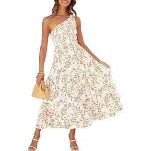 ZESICA Women's 2026 Bohemian Summer Floral Print One Shoulder Sleeveless Smocked Ruffle Tiered Beach Long Midi Dress
