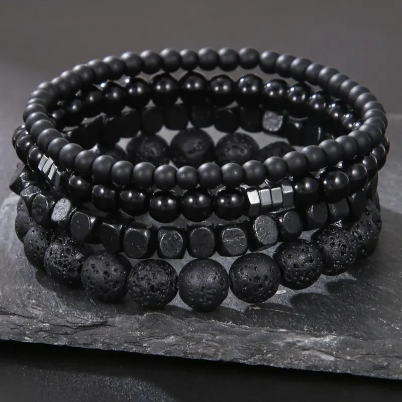 Men's Fashion Stone Beaded Bracelet Set, Beaded Bracelet Pack, 4 Counts Casual Trendy Beaded Bracelets, Fashion Accessories for Daily Wear, Trendy All-match & Exquisite Jewelry for Birthday Gift, Bracelets Stack, Stackable Bracelets, Beads Bracelets