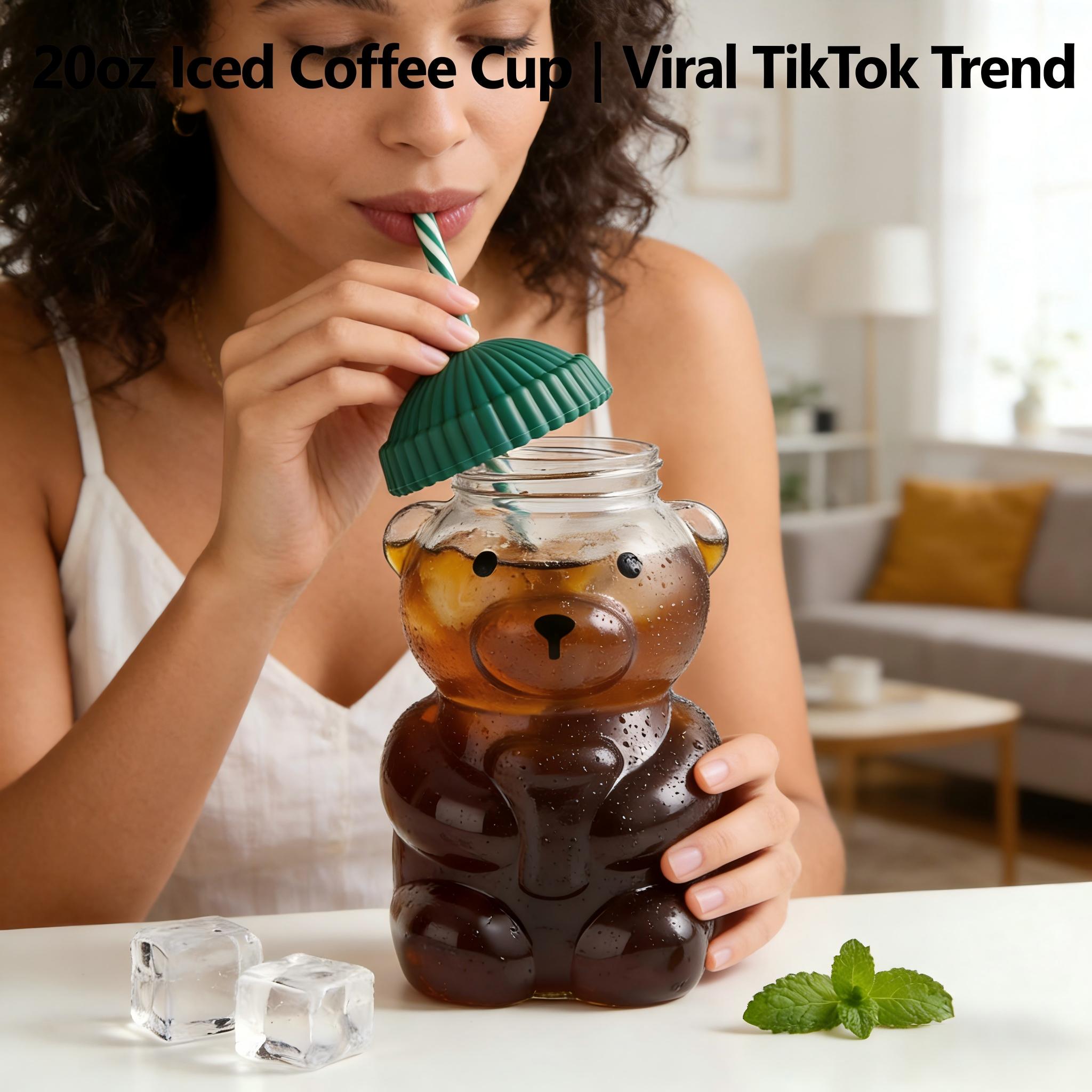 20oz Cute Bear Glass Coffee Mug with Lid & Straw, Aesthetic Mood Boost Iced Coffee Cup, Viral Clear Drinkware for Juice, Smoothie & Milk, Leak-Proof Summer Gift for Women