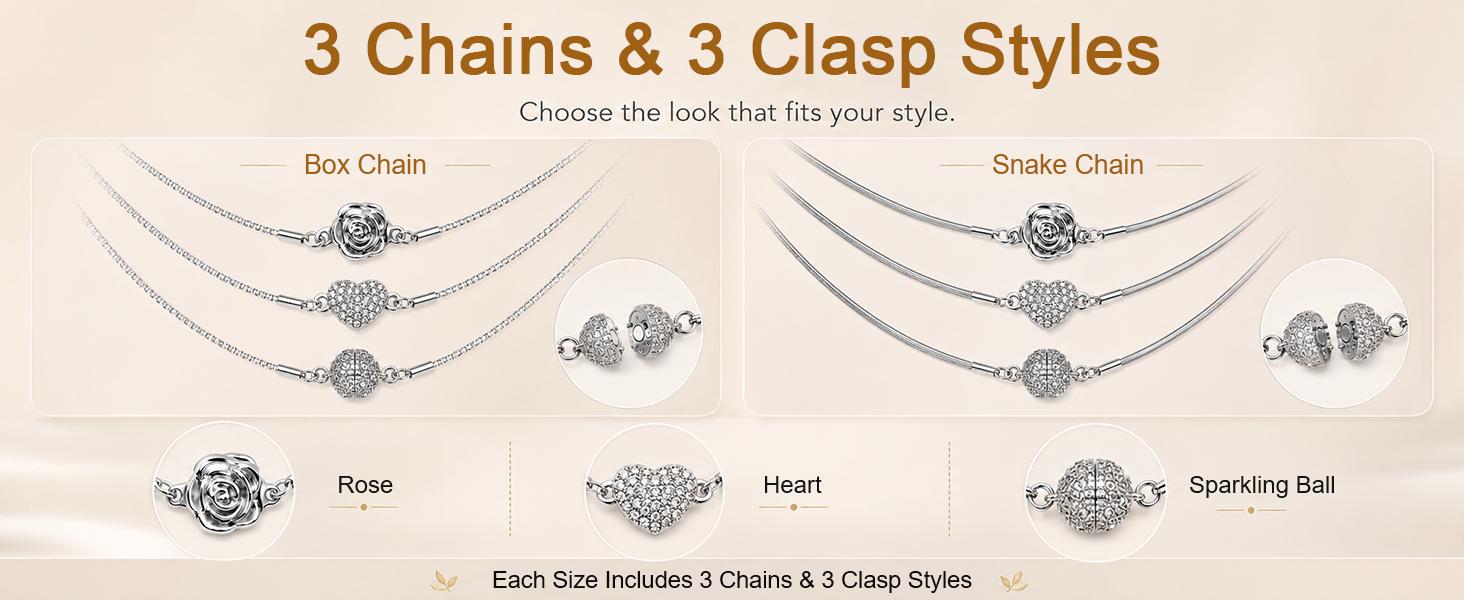 BONISON 3PCS Layering Necklaces for Women, Stainless Steel Silver Box & Snake Chain Set with Magnetic Clasp, 16/18/20/24 Inch, Includes Jump Rings for Pendants