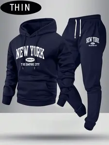 Men's spring and autumn thin New York letter pattern print hooded sweater and pants set, stylish casual men's pocket street sports sweatpants with elastic waist drawstring, two-piece long pants suitable for cool weather and the perfect gift for him