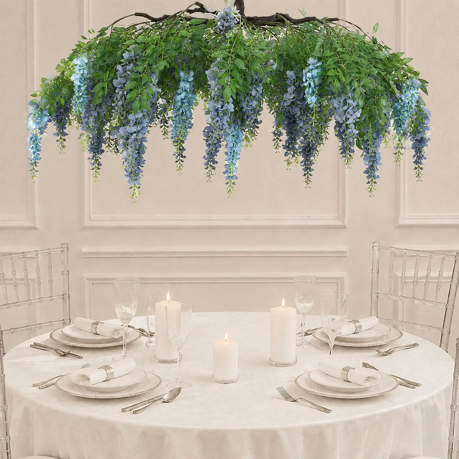 Artificial Silk Wisteria Vine Round Hanging Canopy in Dusty & Light Blue, Draping Garland Flower Chandelier With Interchangeable Branches 55"