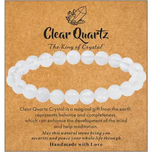Clear Quartz Healing Crystal Bracelet for Women Men 8/4 mm Natural Stone Beaded Stretch Bracelets Jewelry Birthday Gifts Round Gemstones 7.5 Inches Long Elastic