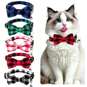 2-piece set of plaid cat bow ties with bells, pet bell collar with patches, anti-pull cat and dog collar, universal gentleman bow tie collar cute pink
