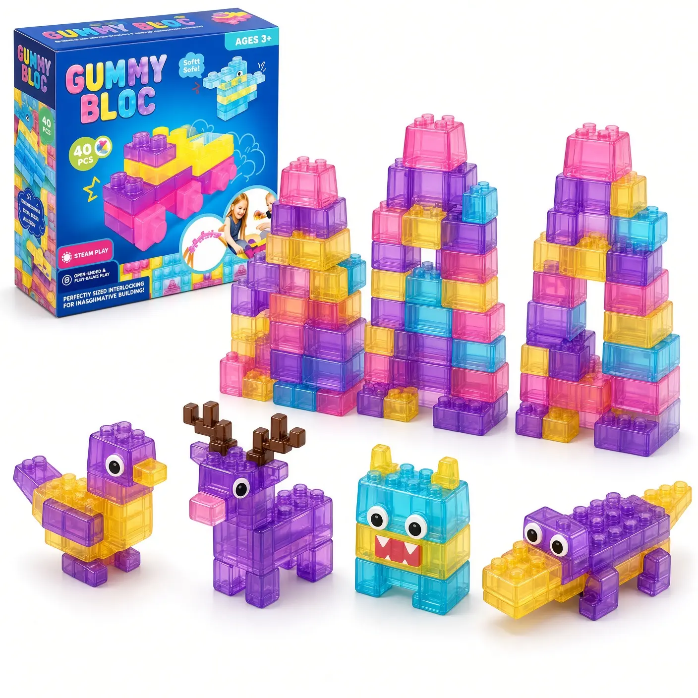 40PCS Soft Building Blocks Set for Kids, Colorful Flexible Interlocking Blocks with 5 Bright Colors, Creative Construction Toy for Building Animals, Shapes and Structures