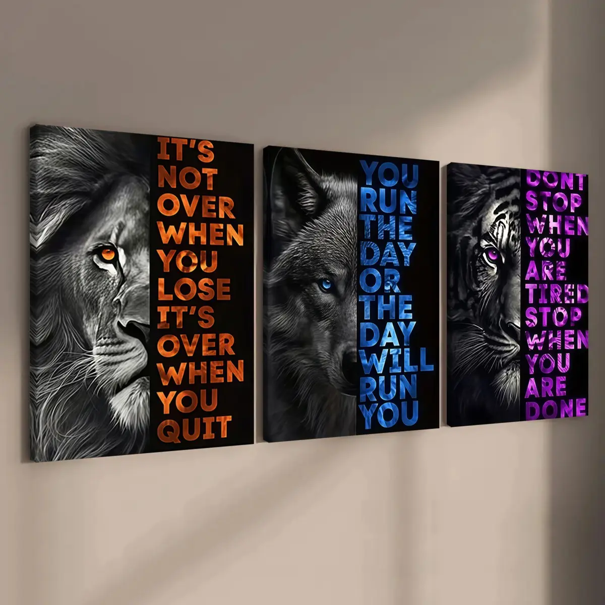 3-count wooden frame canvas, animal-powered inspirational decorative poster, living room and bedroom decoration, Indoor decoration, family poster, modern home decor, modern wall art