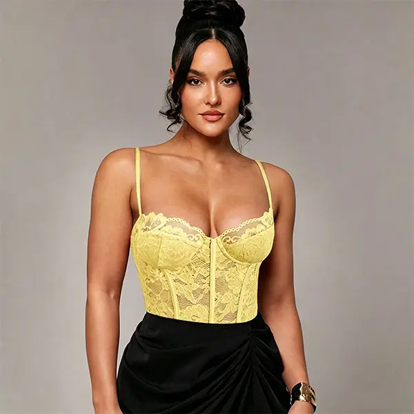 Yellow V-neck floral lace shapewear bodysuit with boning, semi-sheer mesh lace, adjustable shoulder straps, and a thong bodysuit design.