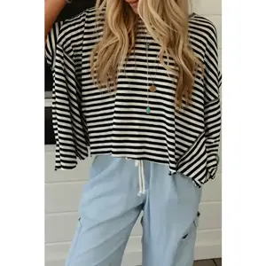 Cotton Black Striped Batwing Sleeve Oversized Top