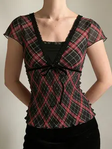 Vintage Y2K Gingham Women's Top, V Neck Lace Trim Bow Ruffle Hem, Fitted Short Sleeve Summer T-Shirt, Retro Style Clothing