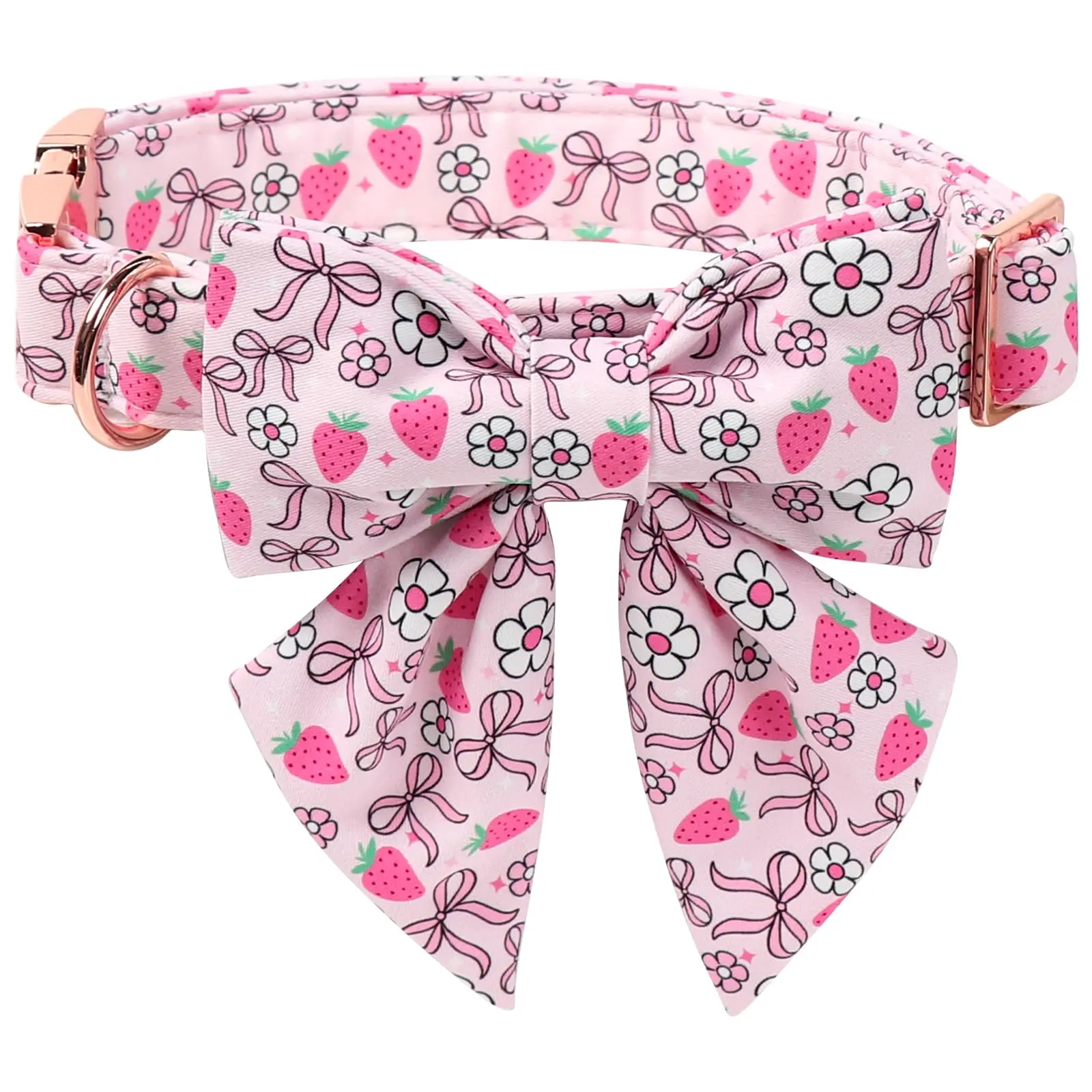 Lionet Paws Cotton Fabric Strawberry Dog Collar with Sailor Bow, Blush Pink Quick-Release Metal Buckle, Adjustable Strap, Stain-Resistant Universal Fit Puppy Accessory for Small-Medium-Large Dog Breeds